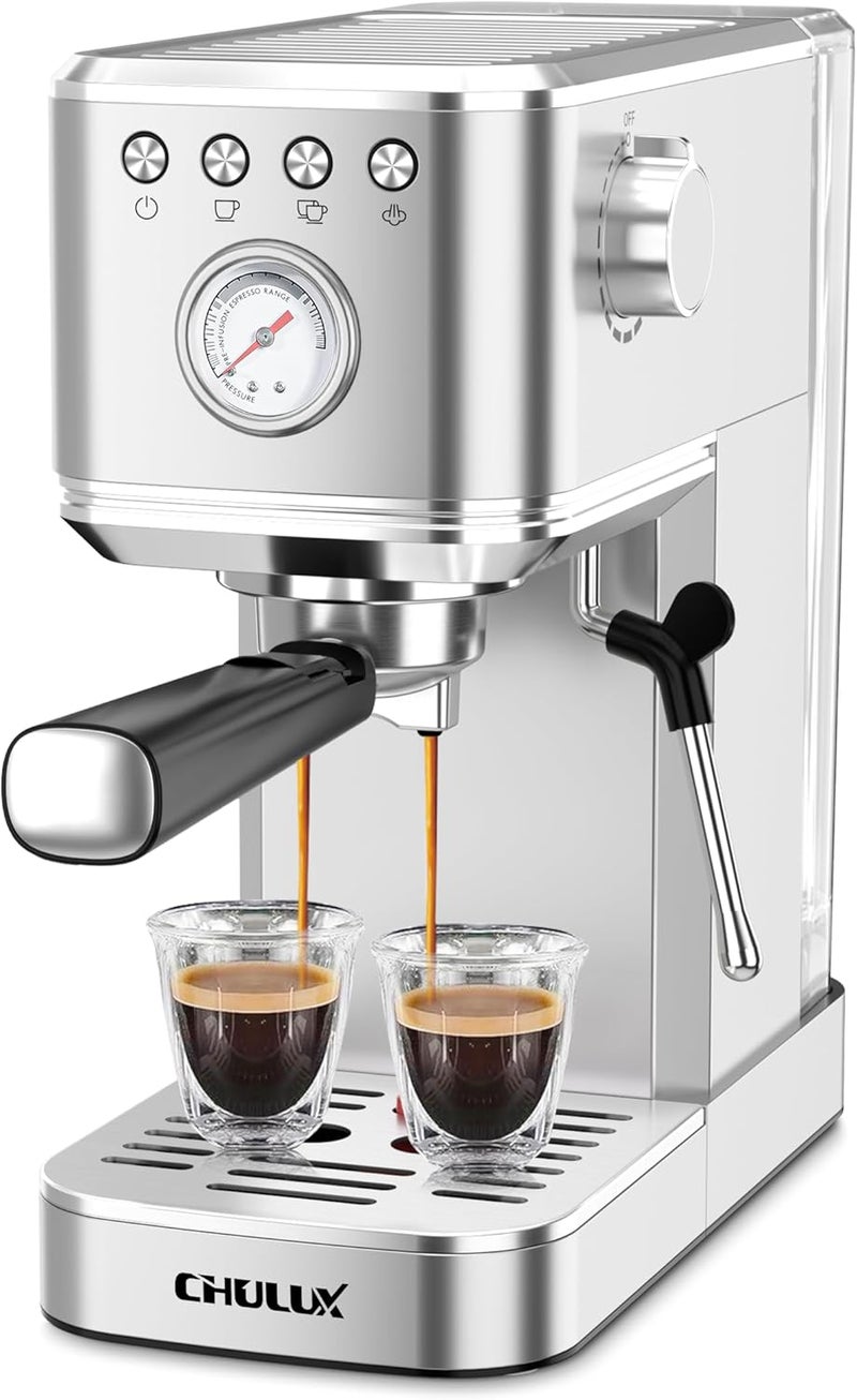 CHULUX Slim 2026 Upgrade Espresso Machine with Milk Frother Steam Wand, 20 Bar Professional Italian Pump Espresso Coffee Machine for Home Cappuccino & Latte Maker, Silver - Image 1